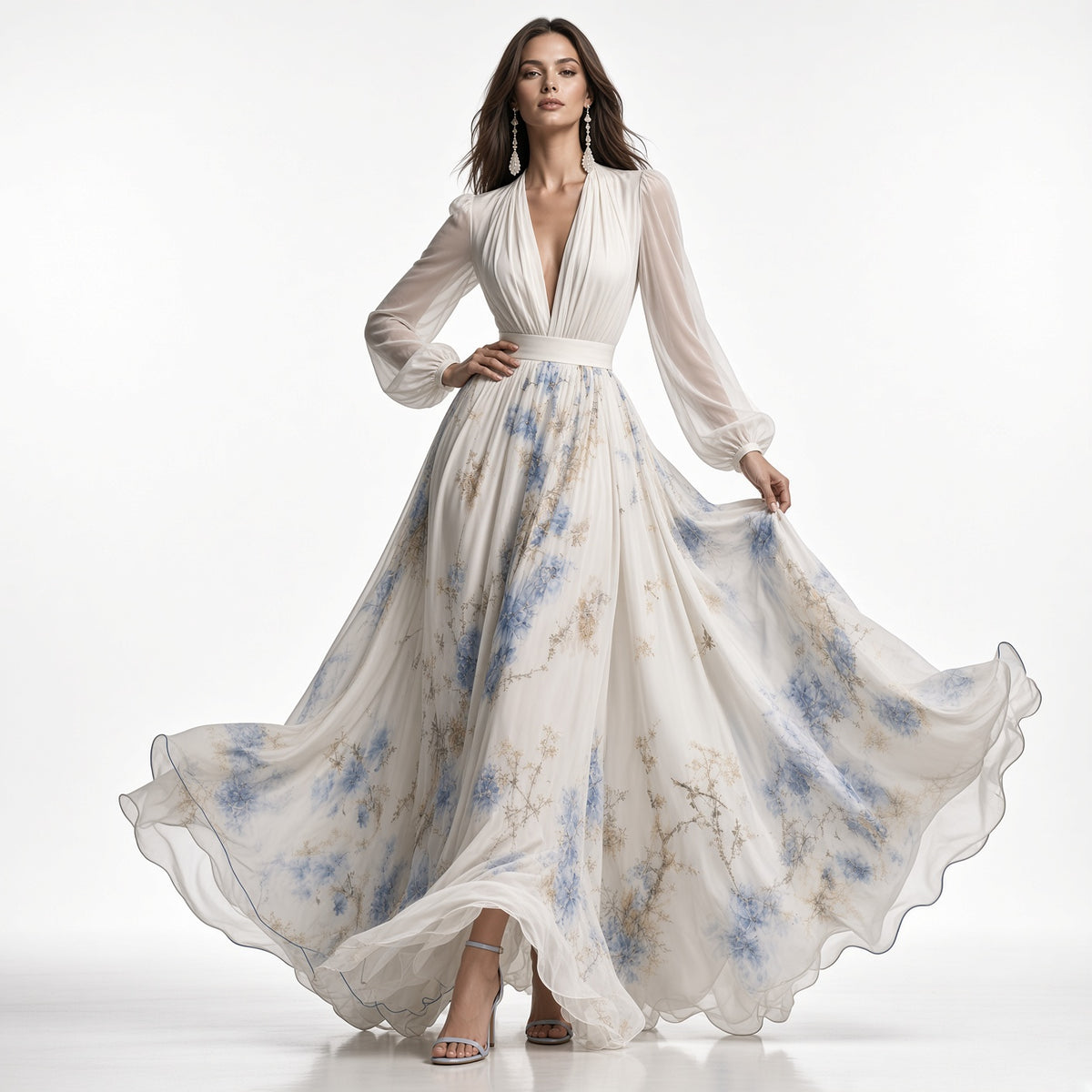 Elegante Vestido Largo Casual Formal Cuello V Manga Larga Estampado Floral Moda Mujer En Tendencia