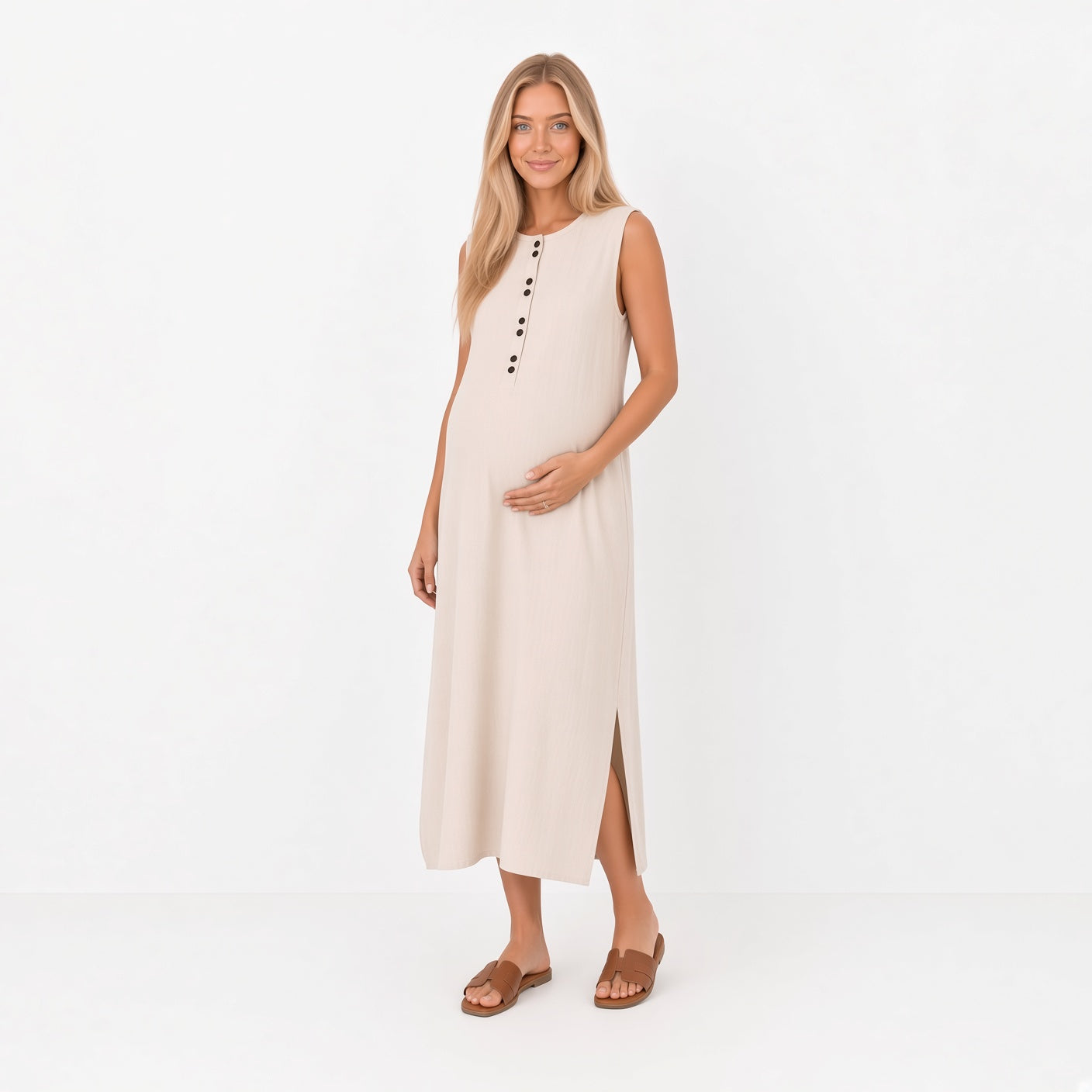 Vestidos Elegante Sin Mangas Beige Suave Ligero Fresco De Lino Y Algodón Con Abertura Moda Mujer En Tendencia