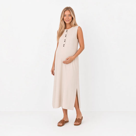 Vestidos Elegante Sin Mangas Beige Suave Ligero Fresco De Lino Y Algodón Con Abertura Moda Mujer En Tendencia