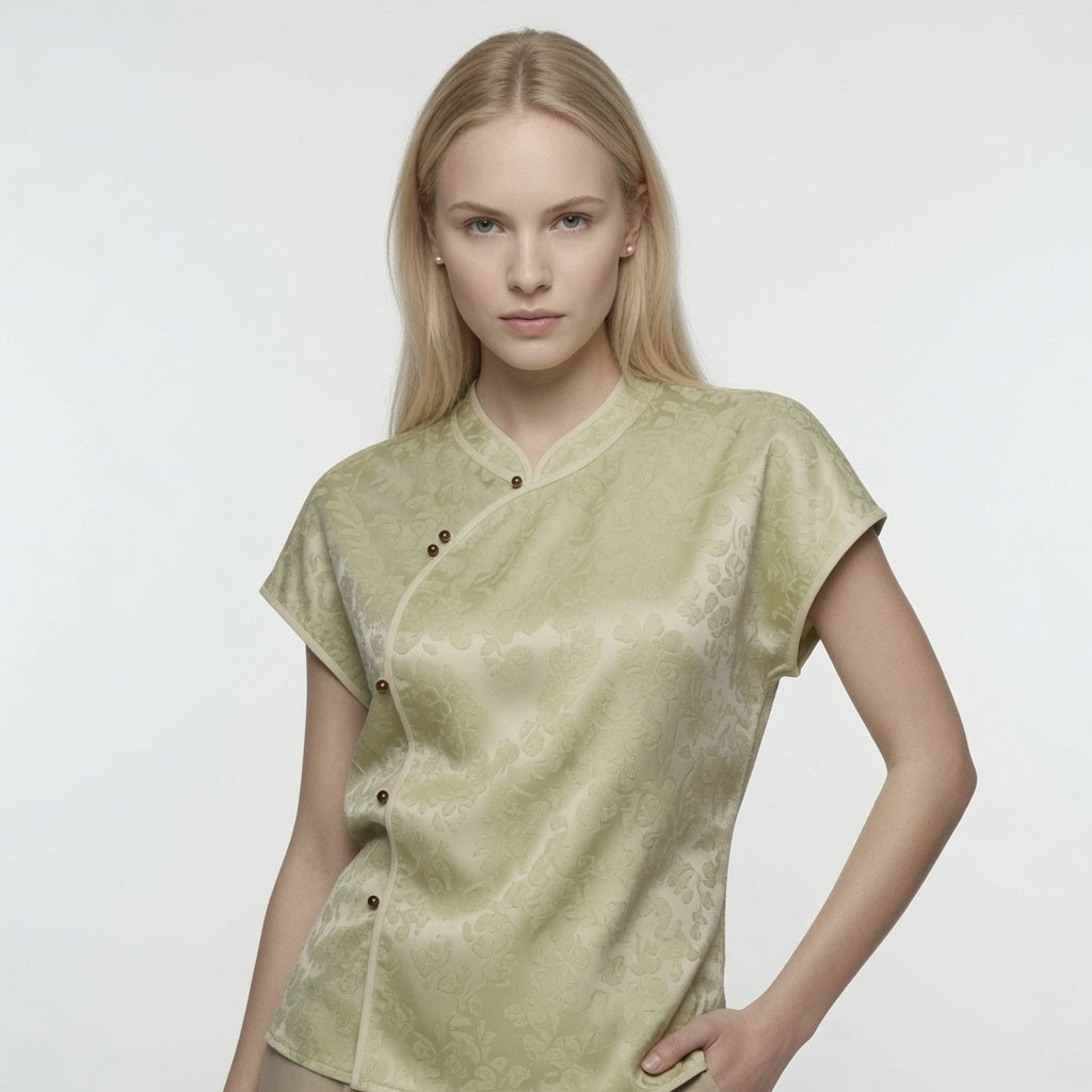elegante Blusa Estilo Chino Sin Mangas Top Con Botones y  Tapeta Oblicua Moda Mujer En Tendencia