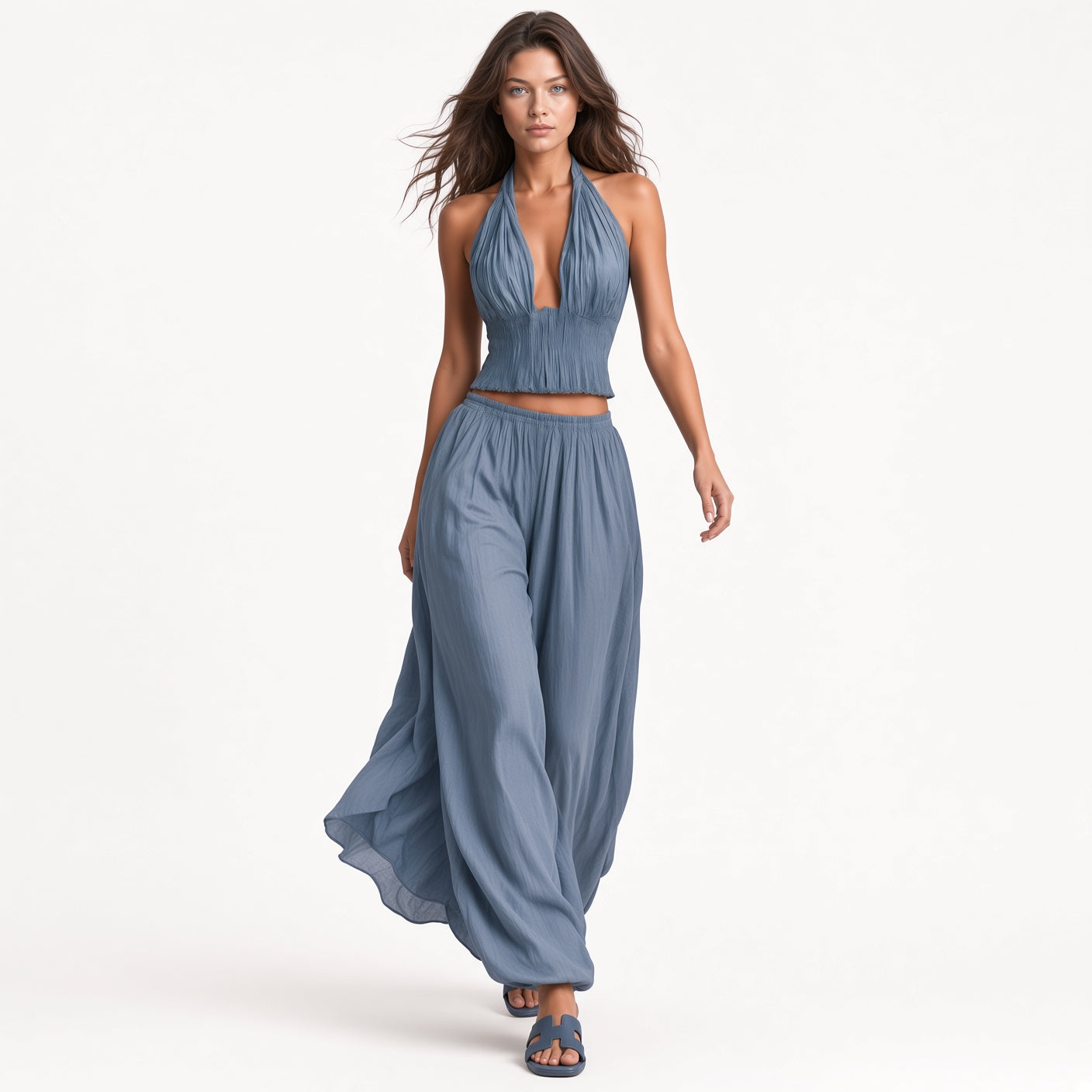 Conjunto Elegante Casual Estilo Boho Cuello Halter y Aberturas, Pantalones Holgados Cintura Elástica Moda Mujer En Tendencia