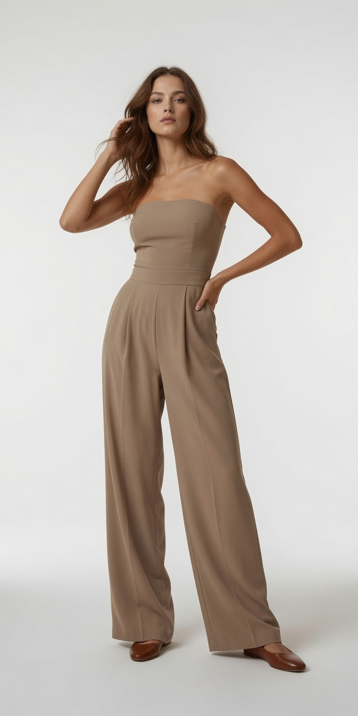 Mono Elegante Sin Tirantes Con Bolsillos En Color Liso Cintura Alta Corte Recto Moda Mujer En Tendencia 2 Tonos Mas