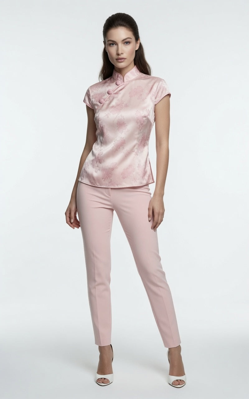 Elegante Blusa Estilo Chino Corte Entallado Con Bordado Textura De Seda Manga Corta Moda Mujer En Tendencia