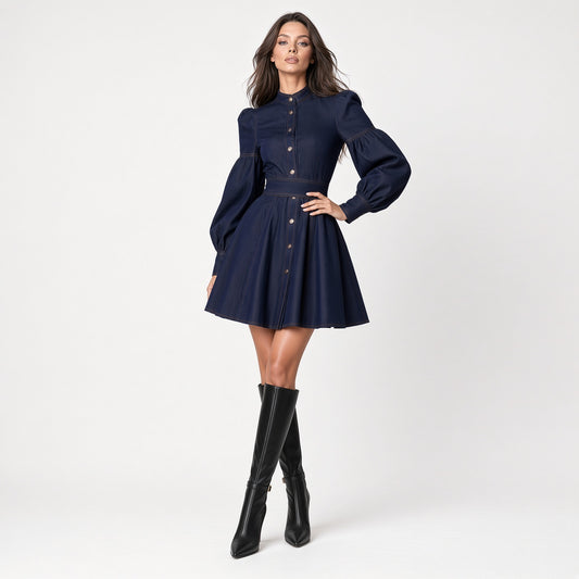 Elegante Vestido Corto Cuello Redondo Manga Larga Cintura Alta Casual Moda Mujer En Tendencia