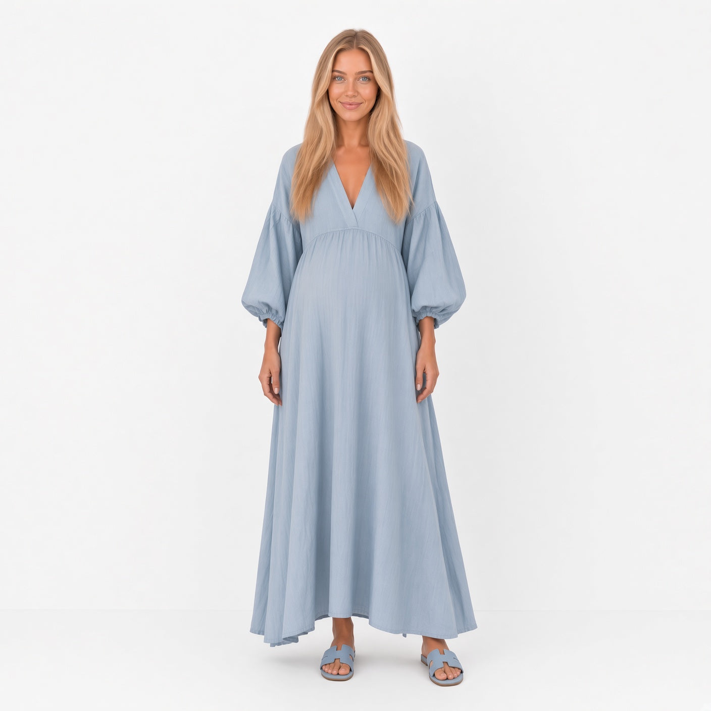 Vestido Elegante Largo Holgado Cuello V Mangas De Farol De Algodón Y Lino Tela Fresca Moda Mujer En tendencia