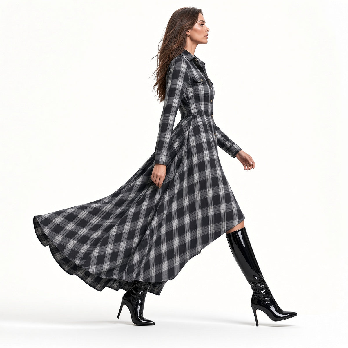 Elegante Vestido Largo Holgado Con Estampado De Cuadros Vintage Botones De Solapa Manga Larga Moda Mujer En Tendencia