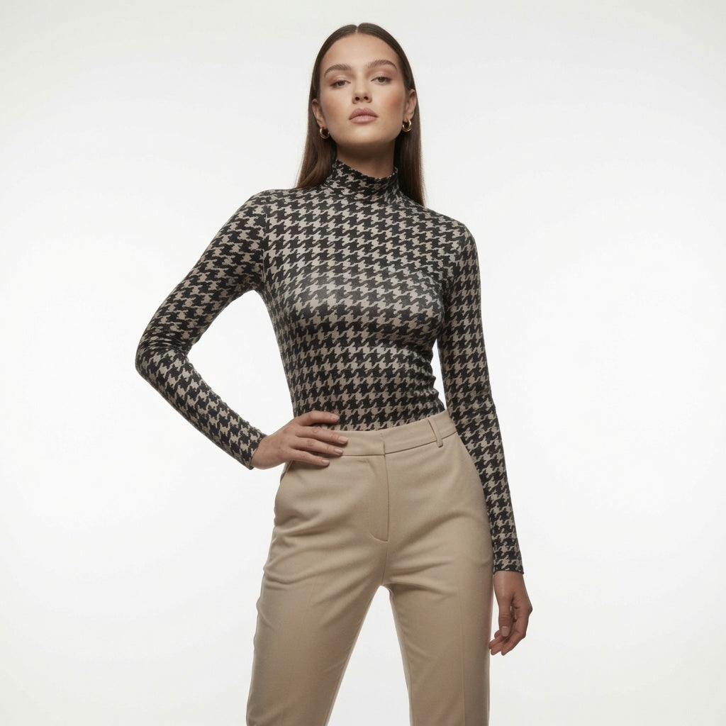 Camisa Suéter Elegante de Cuadros De Punto de Cuello Alto Moda Mujer En Tendencia