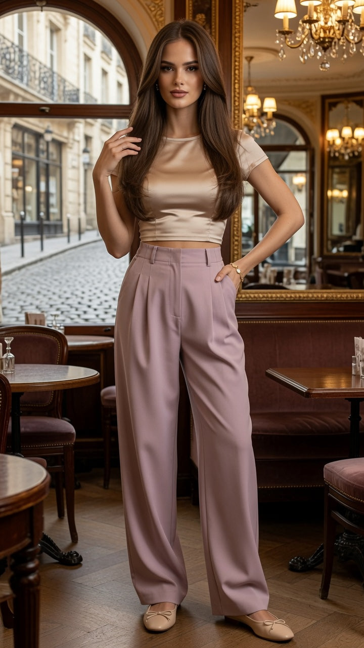 Elegante Pantalón de Traje De Cintura Alta Holgados y De Pierna Ancha Moda Mujer En Tendencia