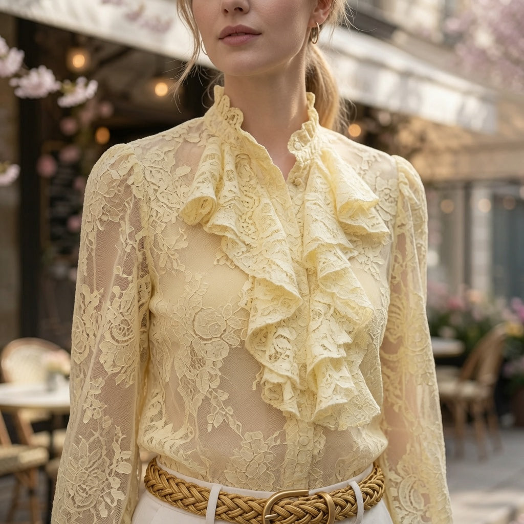 Blusa Elegante Casual Formal Manga Larga, Bordado y Volantes Moda En Tendencia Mujer, Un Tono Mas.