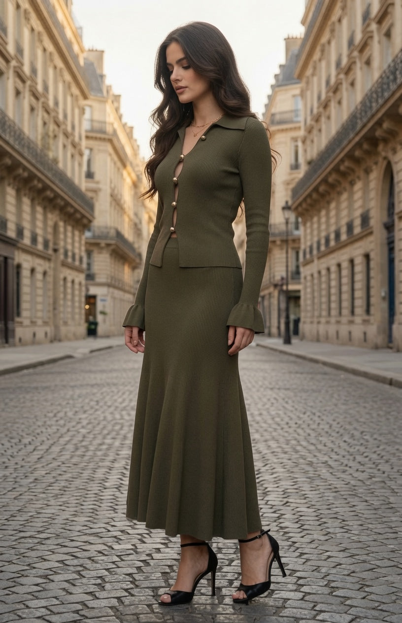 Conjunto Elegante De Blusa Manga Larga Y Falda Larga Estilo  Europeo De Punto Calado, Moda Mujer En Tendencia.