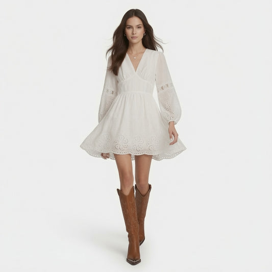 Vestido Elegante Corto De Encaje Con Escote Cuello V De Manga Casual Moda Mujer En Tendencia