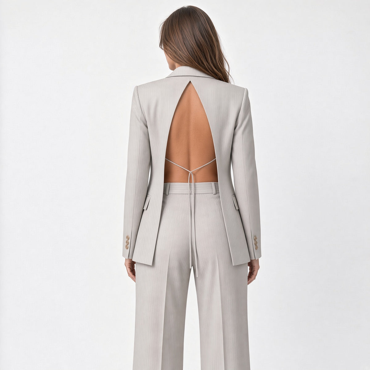 Conjunto Elegante De Traje Diseño De Rayas Estilo Holgado Blazers Elegante Manga Larga Con Abertura En Espalda Pantalón Ancho Cintura Alta Moda Mujer En Tendencia