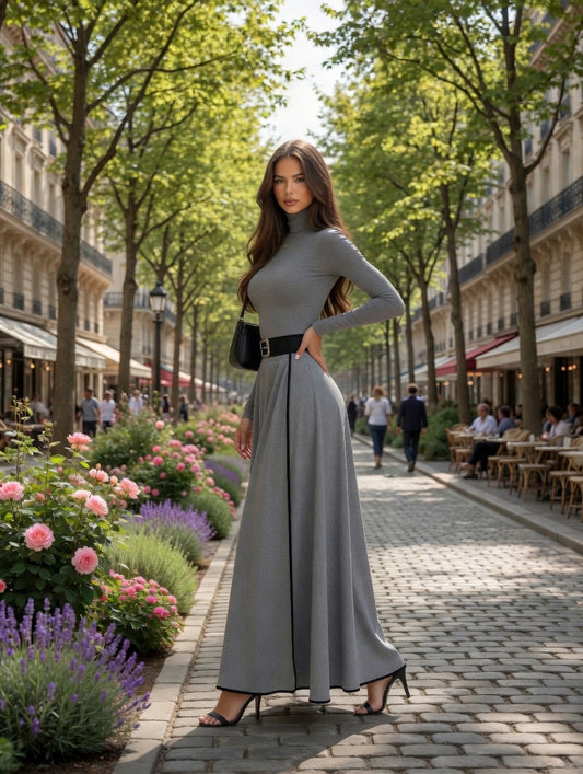 Vestido Largo Gris Casual Formal Cuello Alto Manga Larga Cintura Fina En Tendencia Moda Mujer