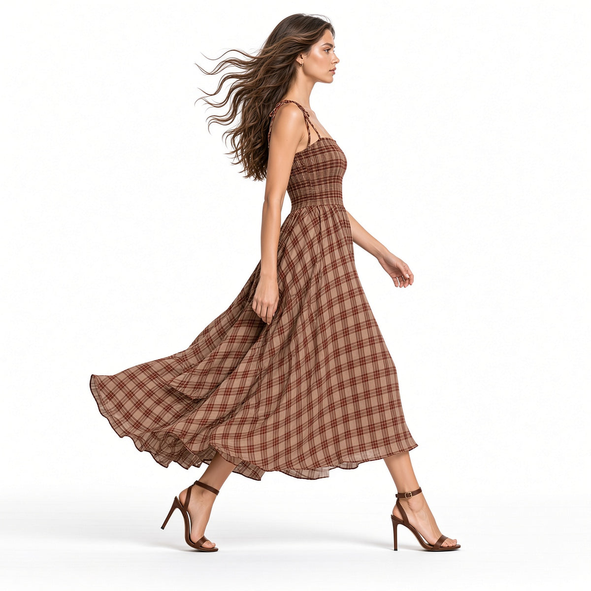 Elegante Vestido Largo Sin Mangas De Tirantes A Cuadros Casual Moda Mujer En Tendencia