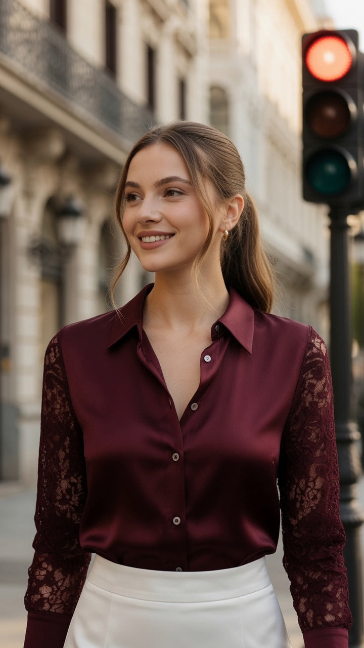 Blusa Elegante De Satén Con Encaje De Manga Larga Casual Formal Moda Mujer En Tendencia