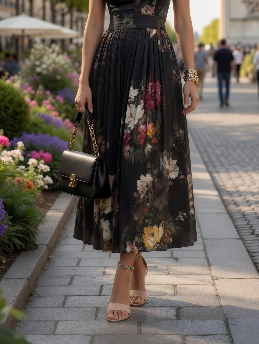 Vestido Midi Largo Negro con Collar en Tendencia
