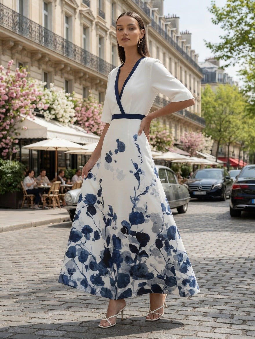 Vestido Largo Formal Casual Blanco Con Azul Elegante En Tendencia
