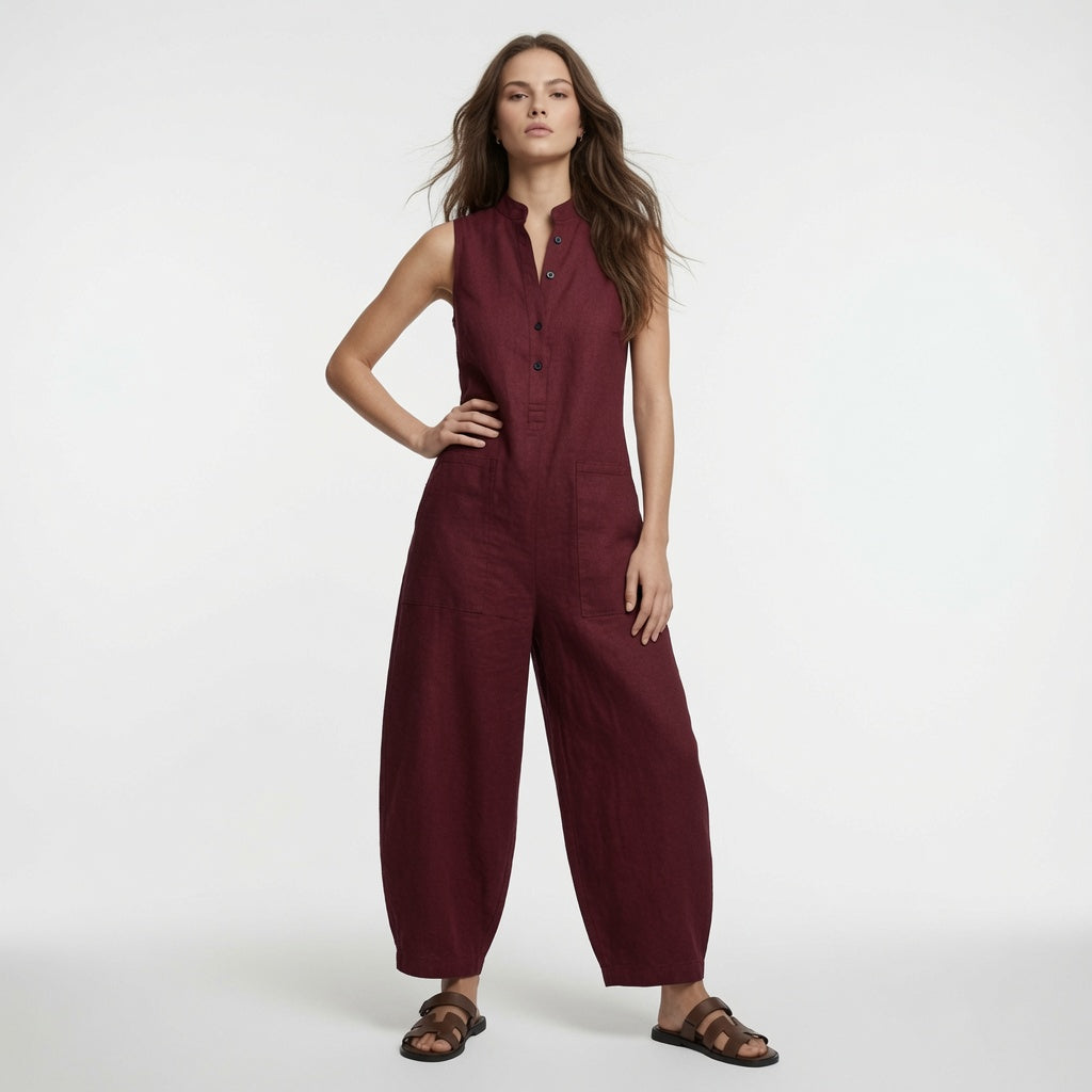 Elegante Mono Casual en Color Liso Holgado Pierna Ancha Sin Mangas Cuello Alto Con Botones Moda Mujer En Tendencia 4 Tonos Mas