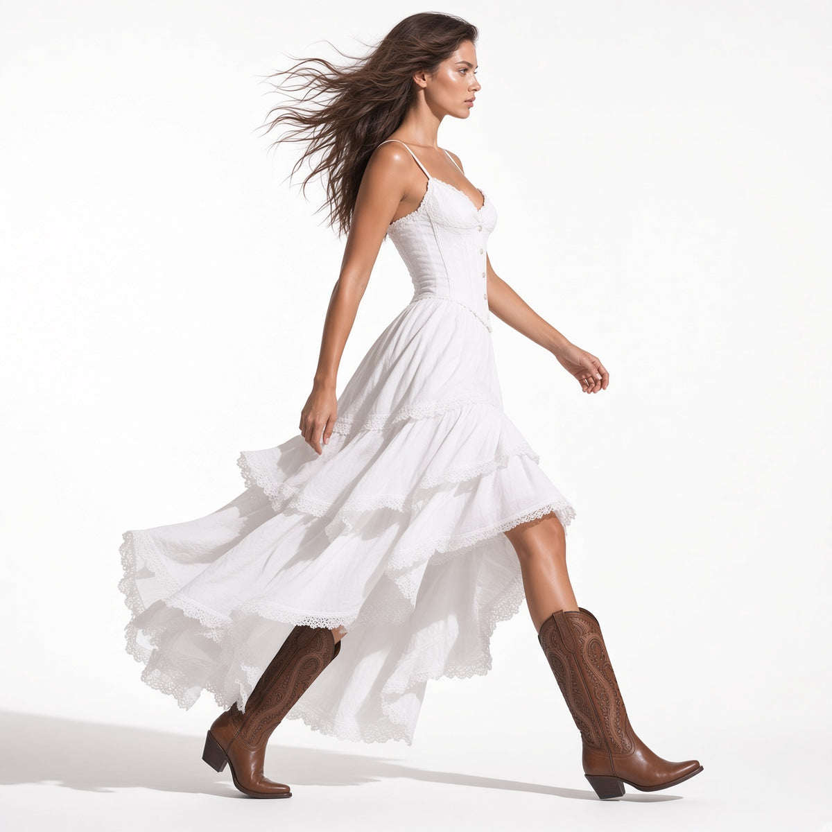Vestido Elegante Casual Largo Con Encajes Y Tirantes Cintura Alta Moda Mujer En Tendencia