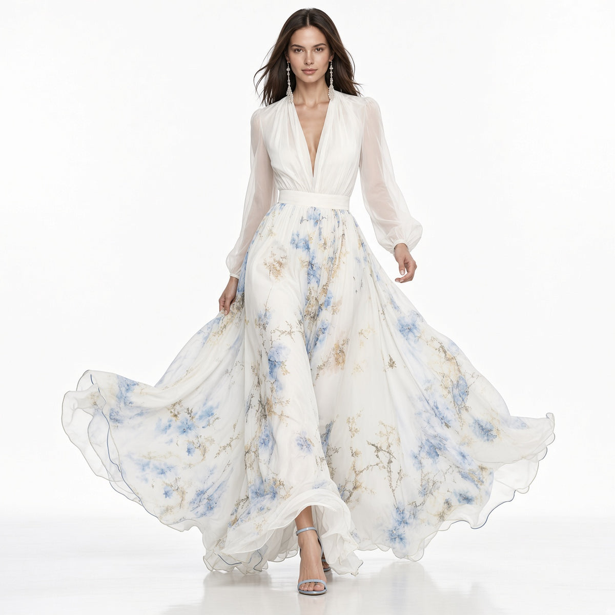 Elegante Vestido Largo Casual Formal Cuello V Manga Larga Estampado Floral Moda Mujer En Tendencia