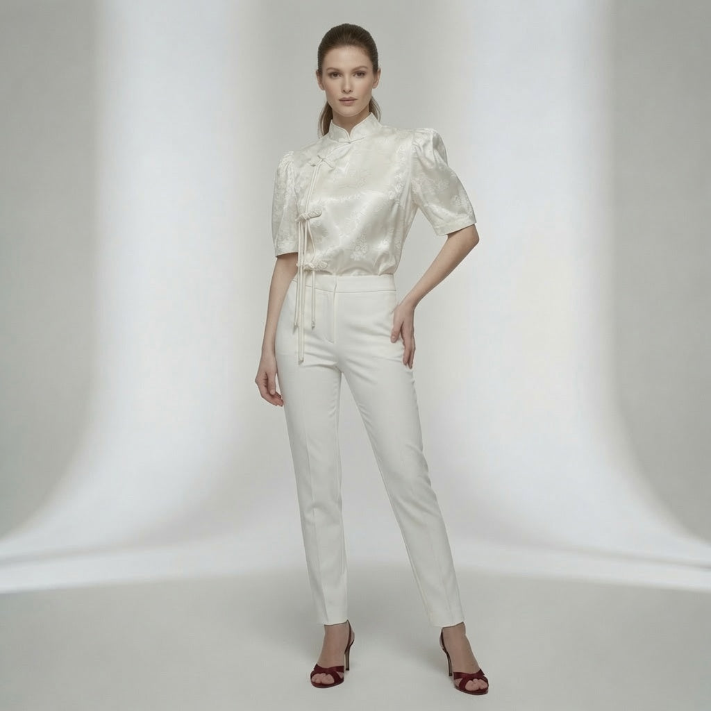 Elegante Blusa Estilo Chino Manga Corta Botones De Rana Top Casual Moda Mujer En Tendencia
