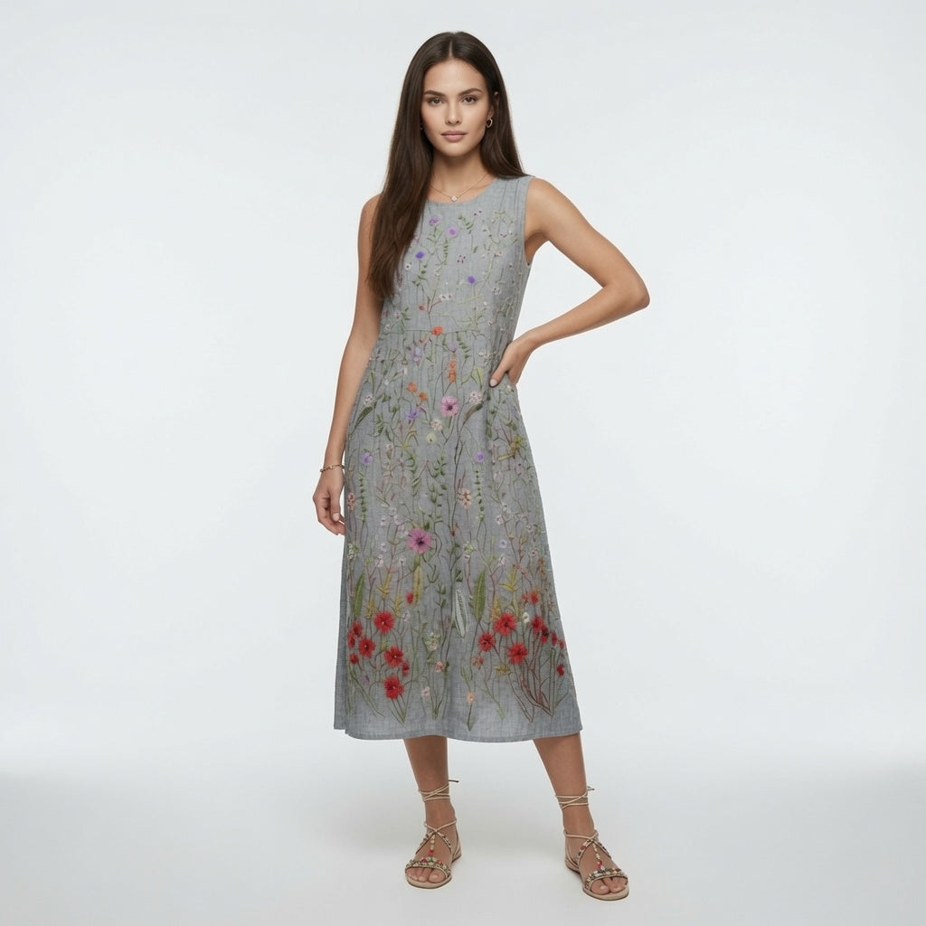 Vestido Midi Largo Tendencia Gris Floral