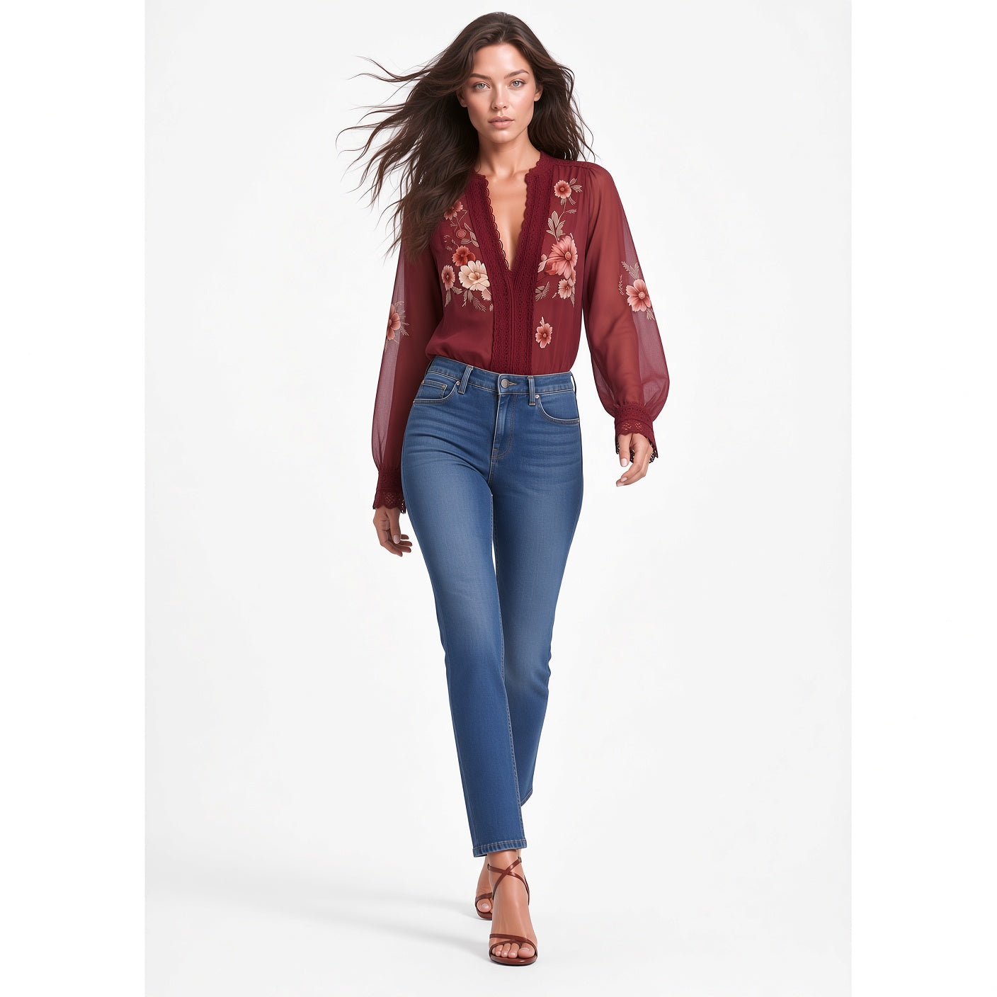 Elegante Blusa Casual Manga Larga Cuello V Estampado Floral Moda Mujer En Tendencia