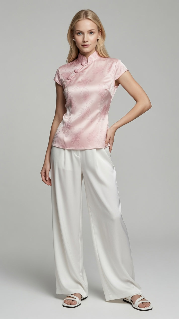 Elegante Blusa Estilo Chino Corte Entallado Con Bordado Textura De Seda Manga Corta Moda Mujer En Tendencia