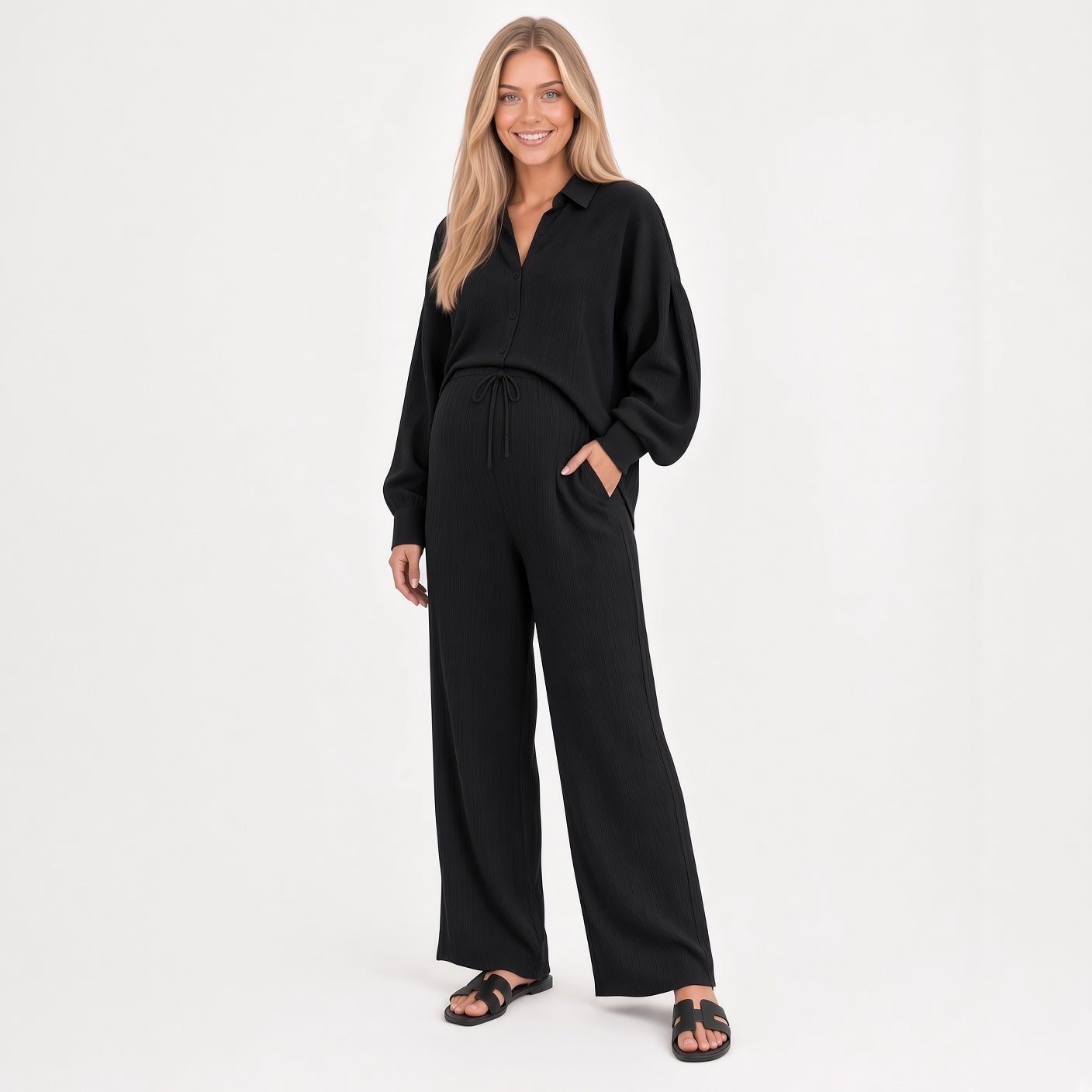 Conjunto Elegante De Camisa Y Pantalón Holgado Pierna Ancha fresco Moda Mujer En Tendencia
