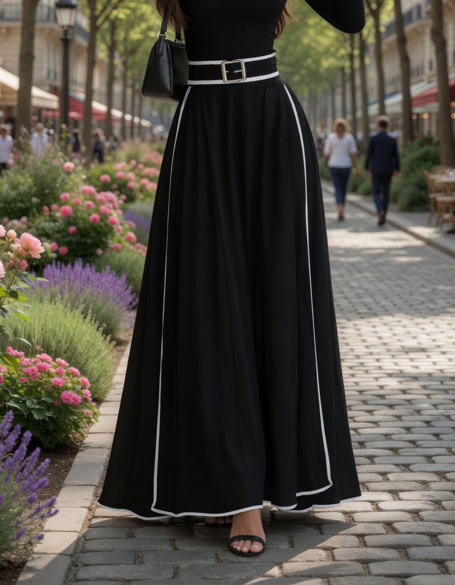 Vestido Largo Negro Casual Formal Cuello Alto Manga Larga En Tendencia Moda Mujer