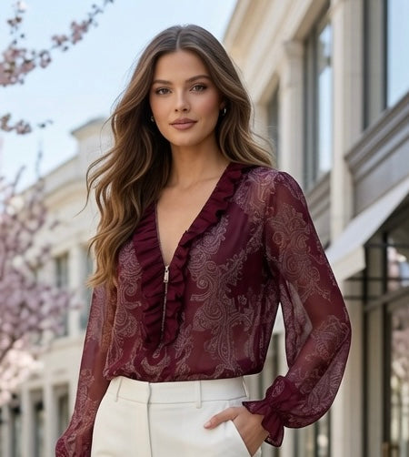 Blusa Elegante De Chifón Con Cuello V y Bordado Plisado Moda Mujer En Tendencia