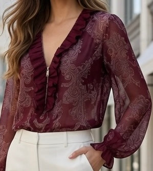 Blusa Elegante De Chifón Con Cuello V y Bordado Plisado Moda Mujer En Tendencia