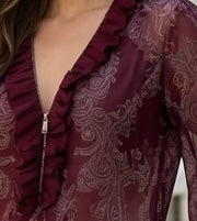 Blusa Elegante De Chifón Con Cuello V y Bordado Plisado Moda Mujer En Tendencia