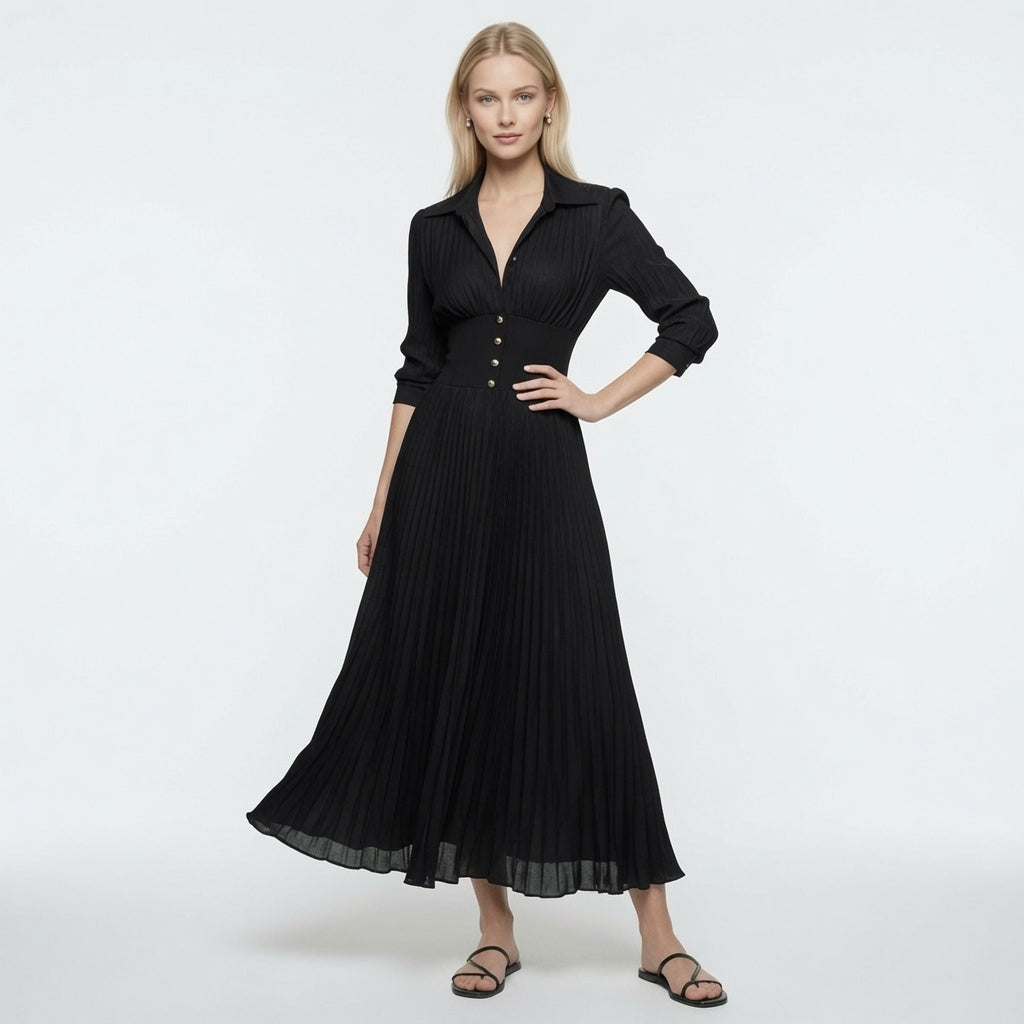 Vestido Largo MAXI Con Manga Larga Cuello Romplado Casual Formal En Tendencia Moda Mujer