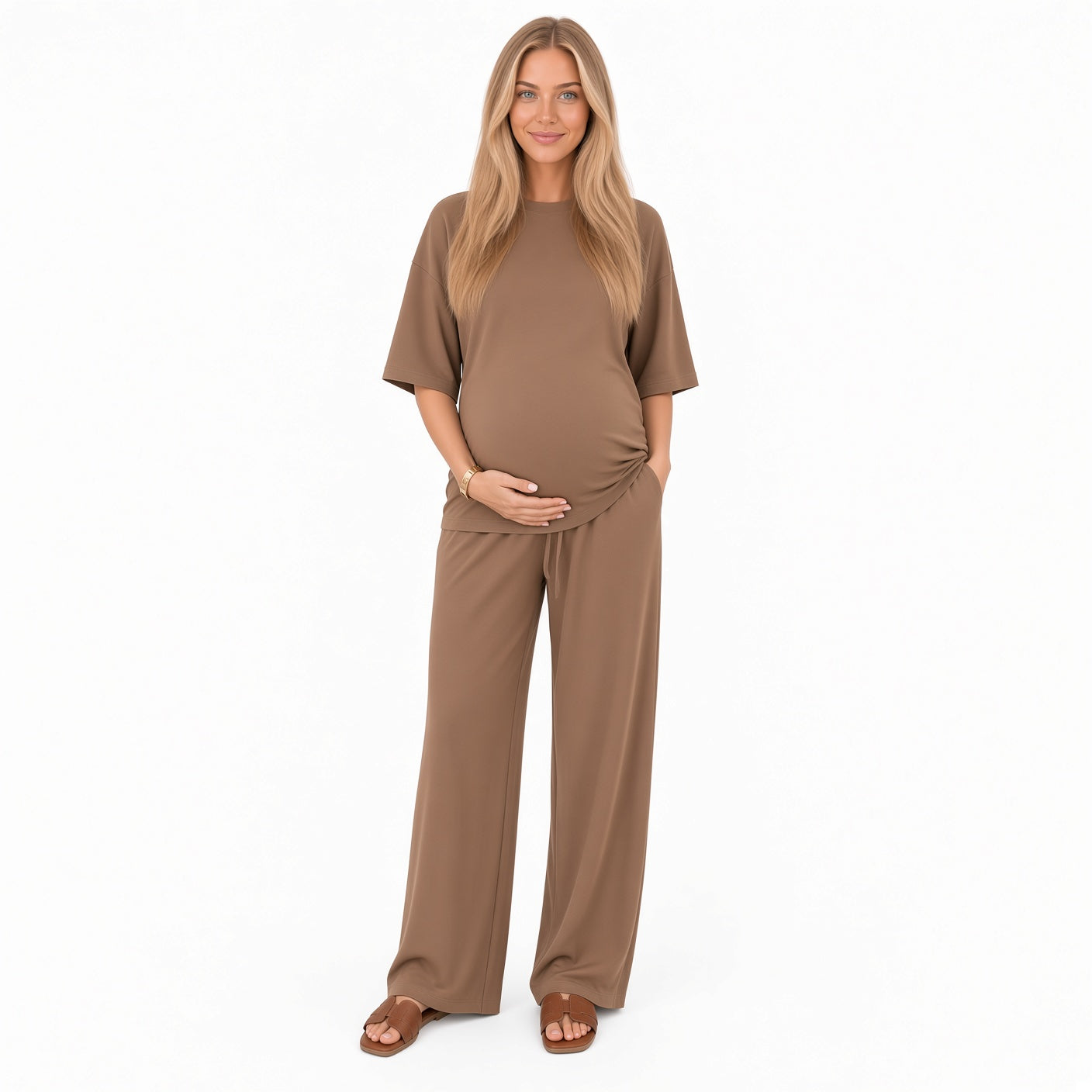 Conjunto Elegante  De Pantalón Ancho De Cintura Alta Cuello redondo Estilo Holgado Moda Mujer En Tendencia