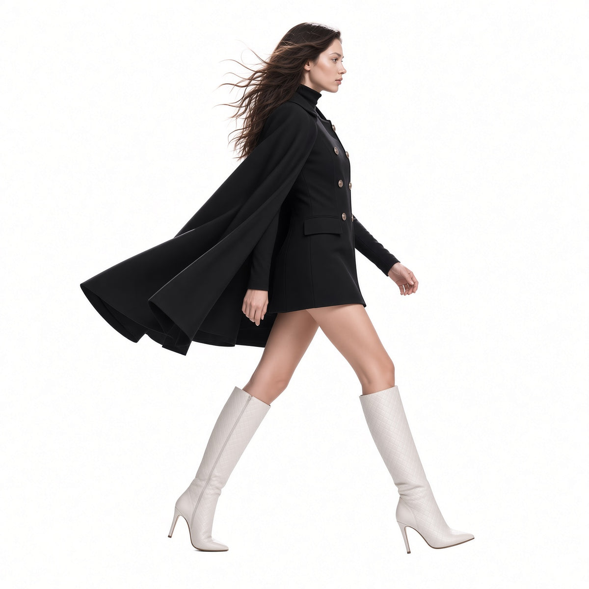 Abrigo Elegante Casual Formal Medio Largo De Lana Capa Negra Cuello Levantado Moda Mujer En Tendencia