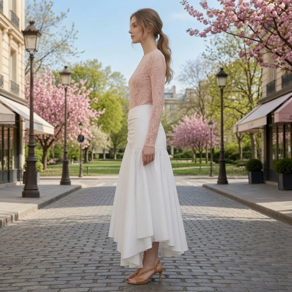 Conjunto Elegante Top De Encaje Rosa y Falda larga Blanca Moda Mujer En Tendencia.
