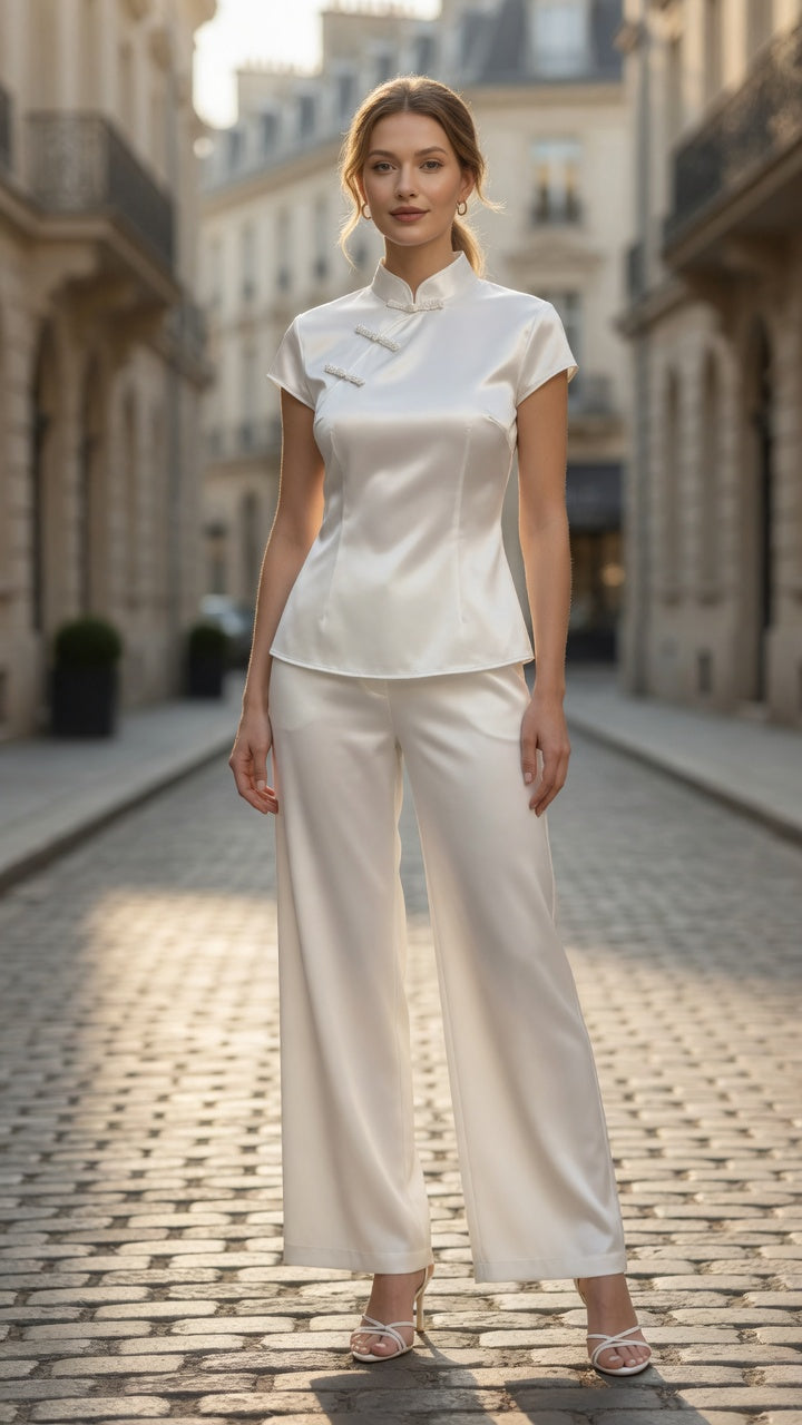 Blusa Elegante De Manga Corta Estilo Chino Casual Formal Moda Mujer En Tendencia