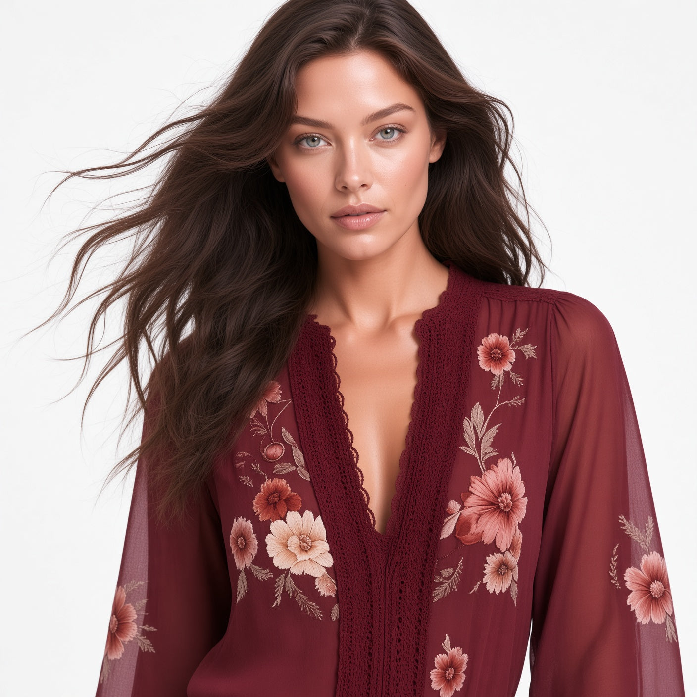 Elegante Blusa Casual Manga Larga Cuello V Estampado Floral Moda Mujer En Tendencia