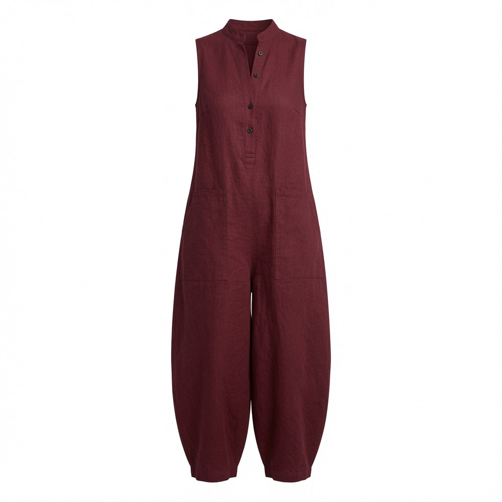 Elegante Mono Casual en Color Liso Holgado Pierna Ancha Sin Mangas Cuello Alto Con Botones Moda Mujer En Tendencia 4 Tonos Mas