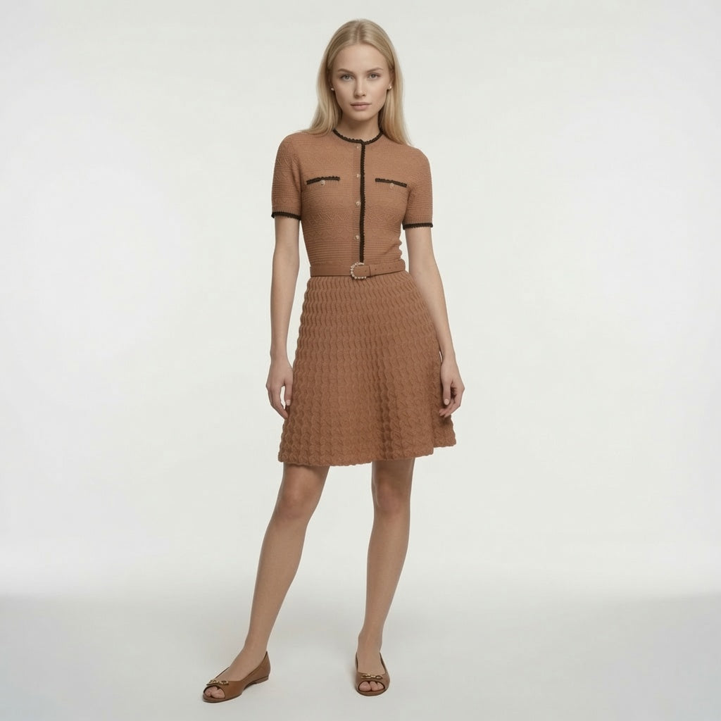 Vestido Elegante Midi  De Punto De Cintura Alta Con Bordado De Gancho En La Cintura Moda Mujer En tendencia.