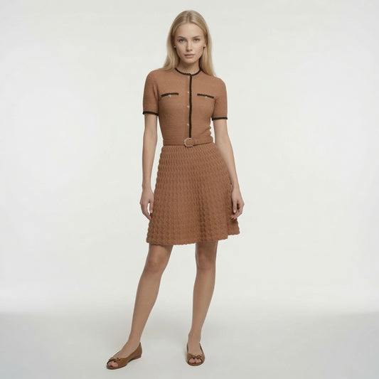 Vestido Elegante Midi  De Punto De Cintura Alta Con Bordado De Gancho En La Cintura Moda Mujer En tendencia.