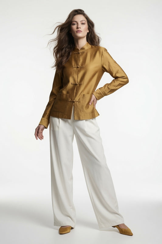 Blusa De Mujer Estilo Chino Cuello Redondo Con Botones Con Nudo De Cuerda Moda Mujer En Tendencia 2 Tonos Mas
