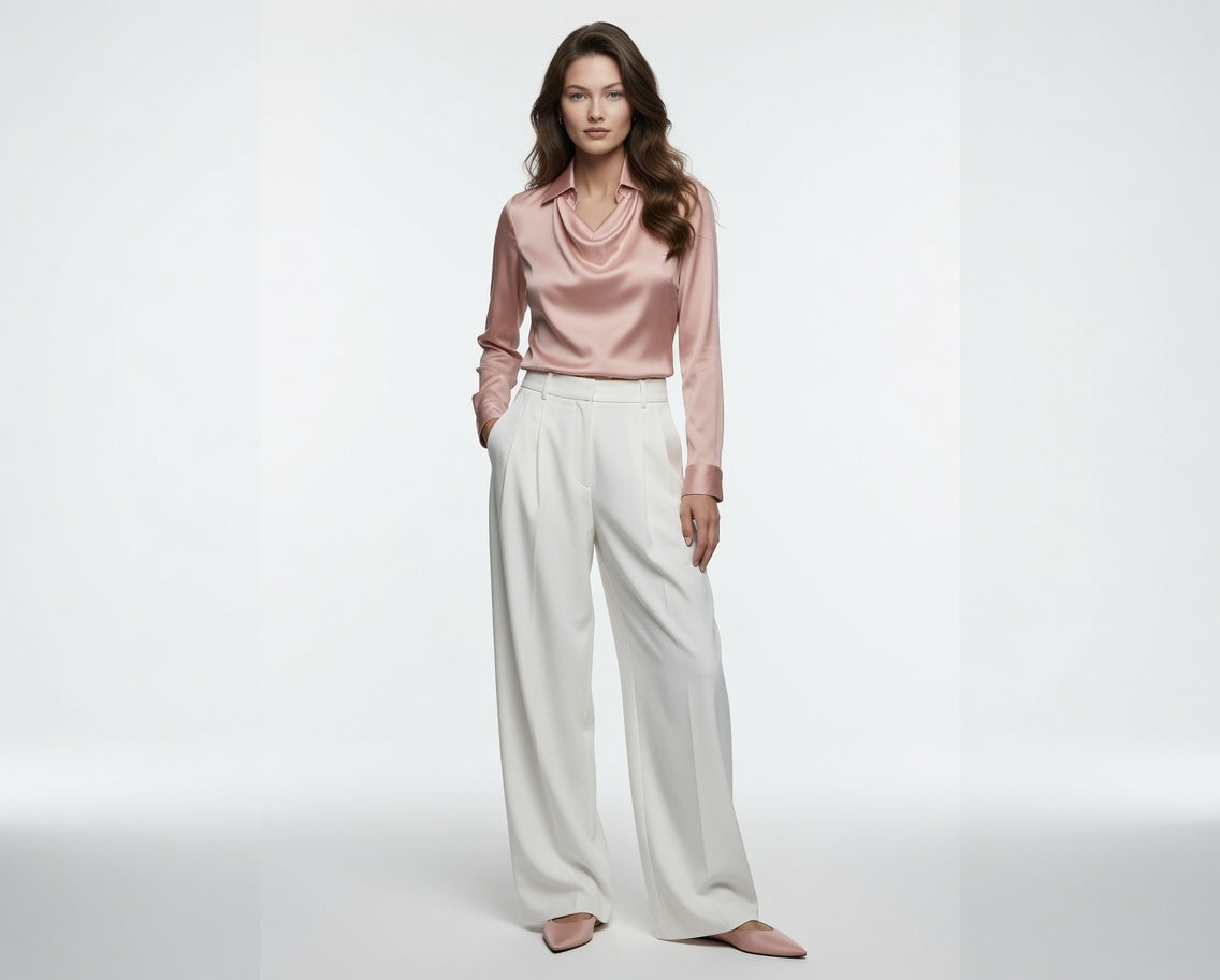 Blusa Elegante De Satén Con Cuello V Manga Larga Moda Mujer En Tendencia 2 Tonos Mas
