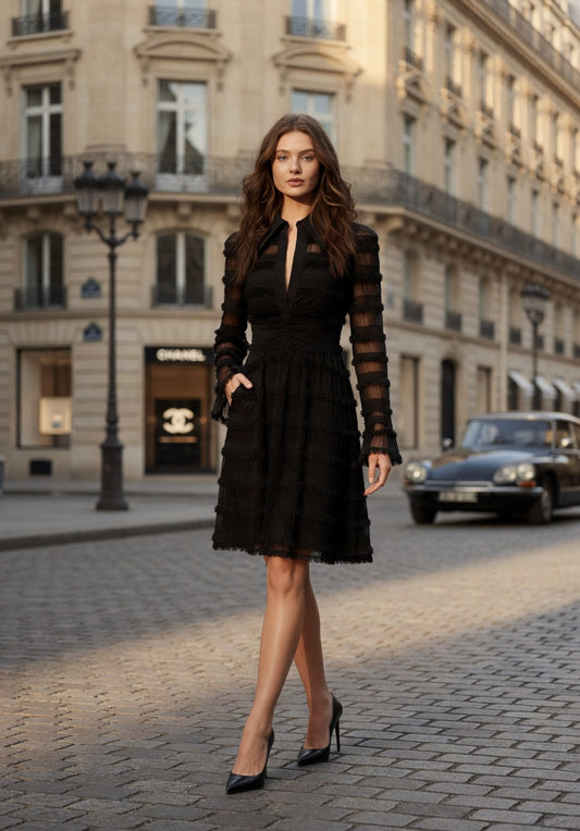 Vestido Midi Negro Con Flecos Transparente En Tendencia