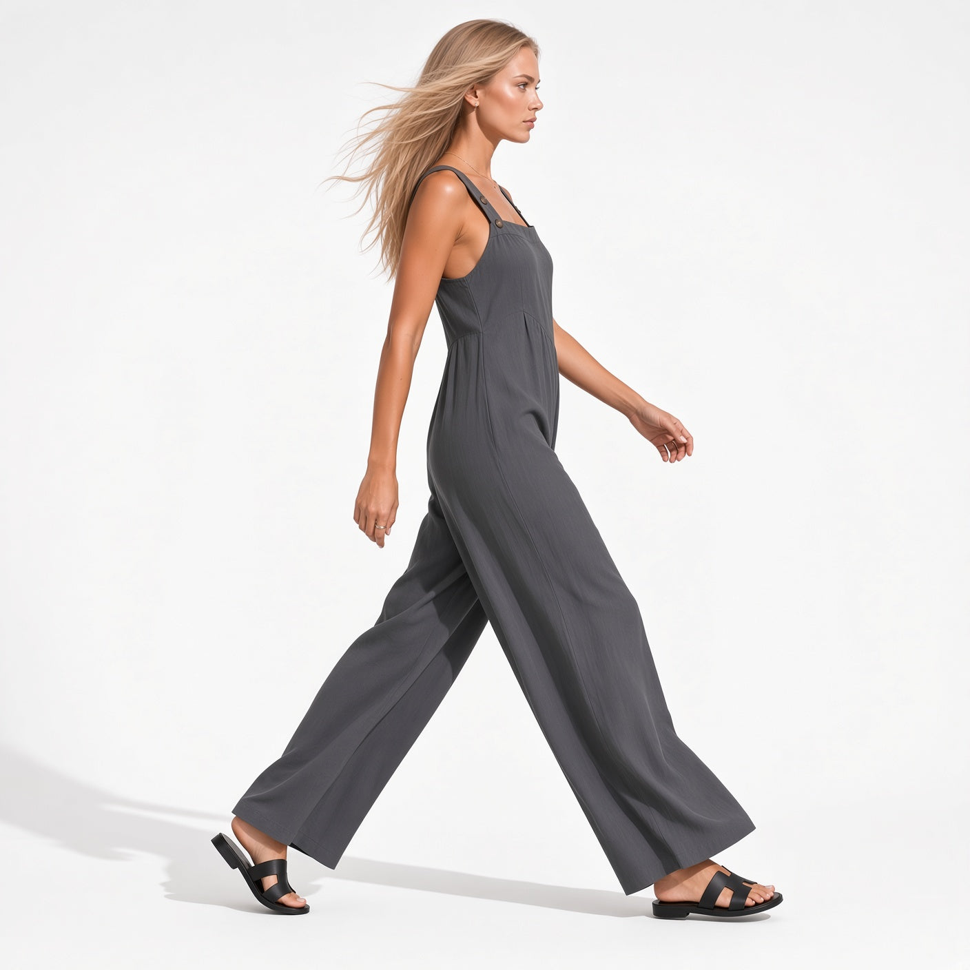 Elegante Mono Casual Holgado Con Tirantes Pierna Ancha Tela Fresco Moda Mujer En Tendencia
