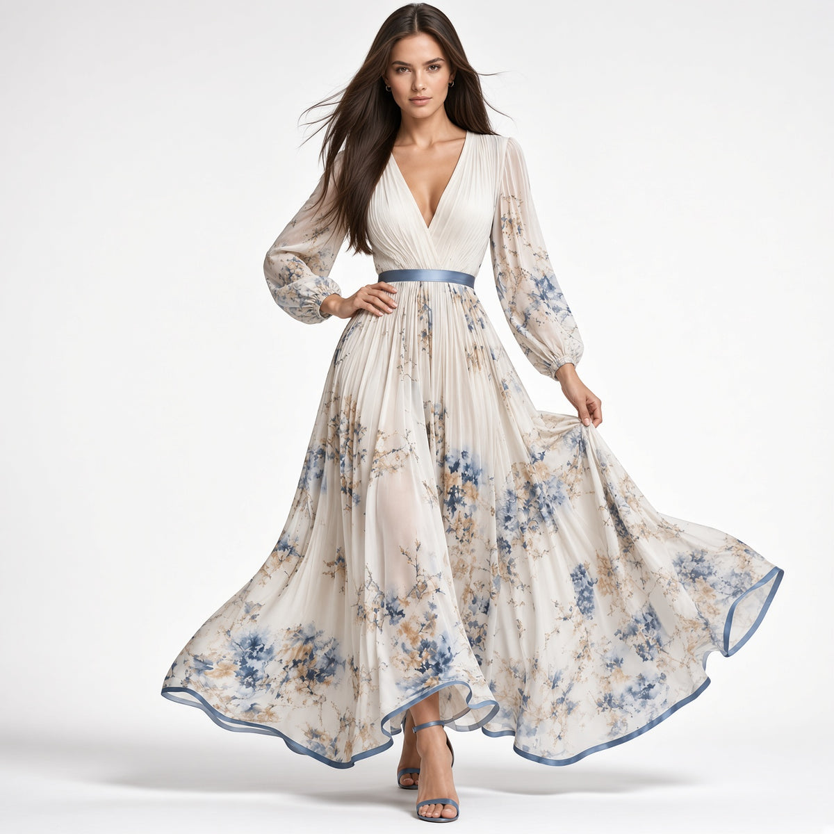 Vestido Elegante Largo Casual Formal Manga Larga Estampado Floral Cuello V Cintura Alta Moda Mujer En Tendencia