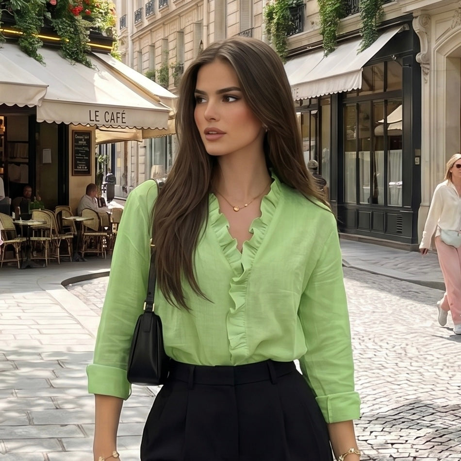 Blusa Para Mujer Con Cuello En V y Delicados Volantes Casual Formal En Tendencia / 3 Colores Mas.