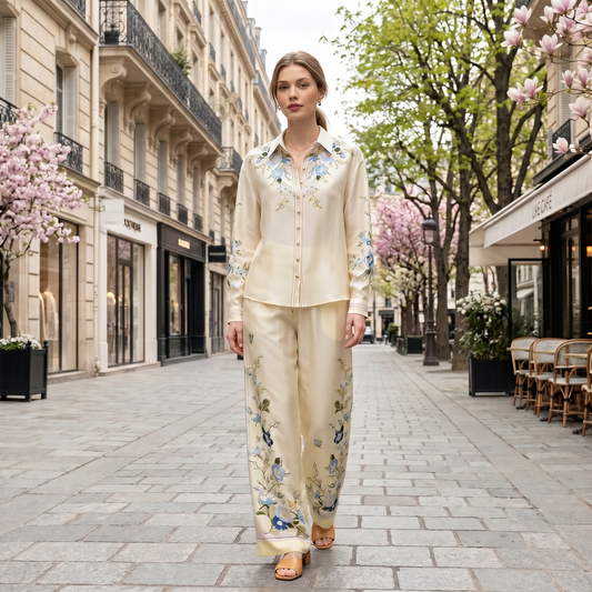 Conjunto Elegante De Blusa y Pantalón Estampado Floral Casual Formal Moda Mujer En Tendencia.