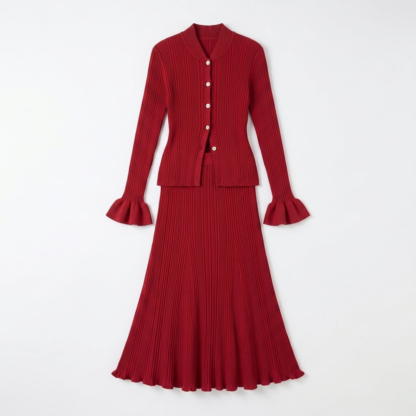 Conjunto Elegante Top Manga Larga y Falda Larga De Punto Con Volantes Moda Mujer En Tendencia